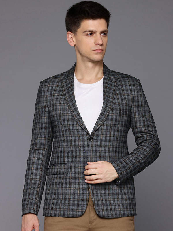 Men Blue Single-Breasted Slim-Fit Checkered Blazer