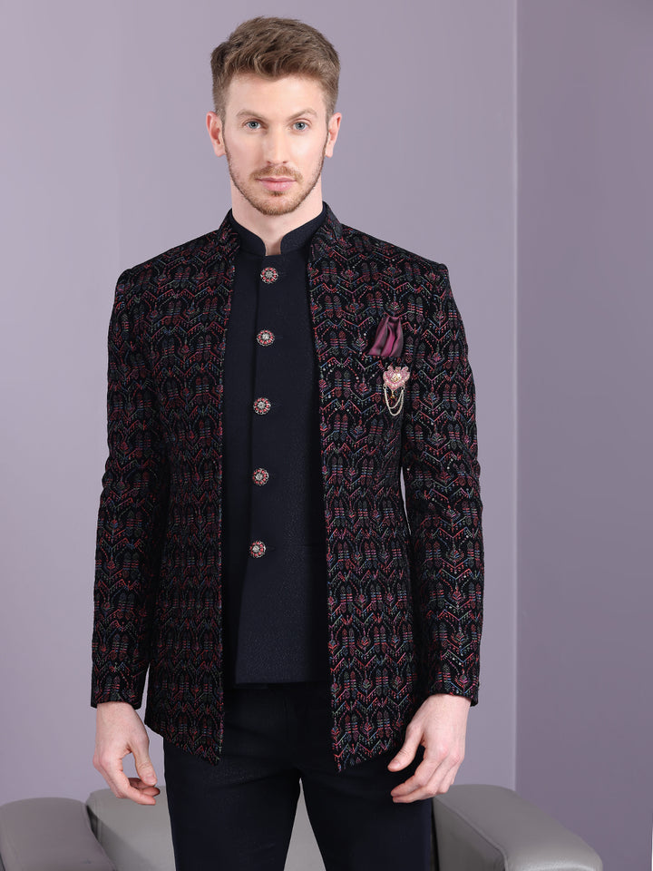 Velvet Open Pattern Jodhpuri Suit