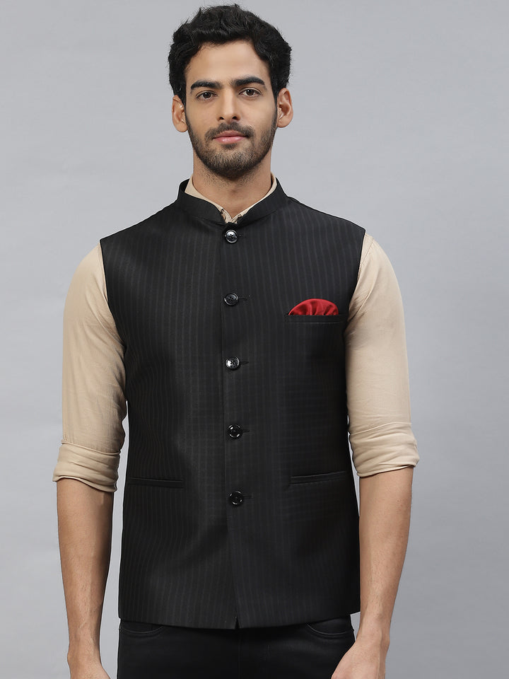 Nehru Jacket with self Engineering Chex and Stripes