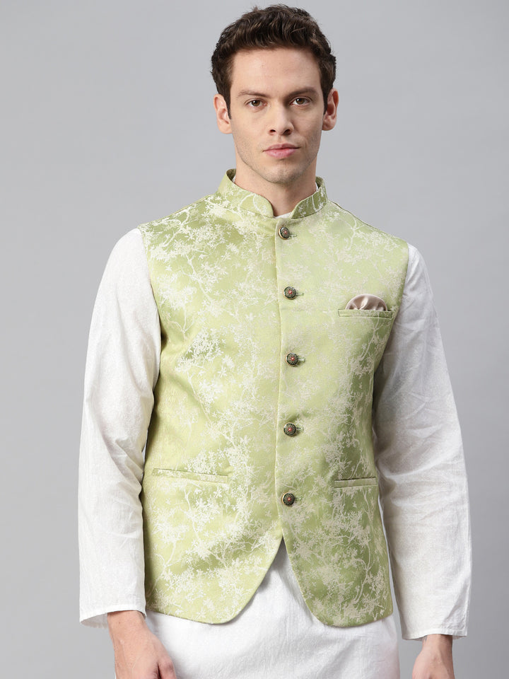 Jacquard Nehru Jacket crafted with golden floral thread work