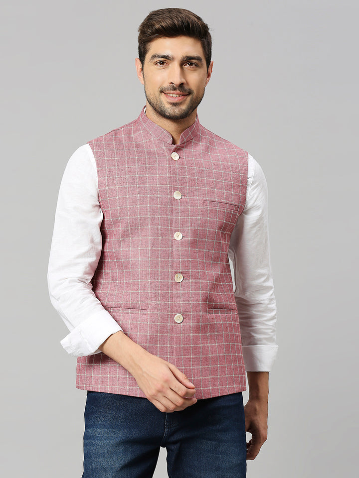 Linen Blend Chex Nehru Jacket