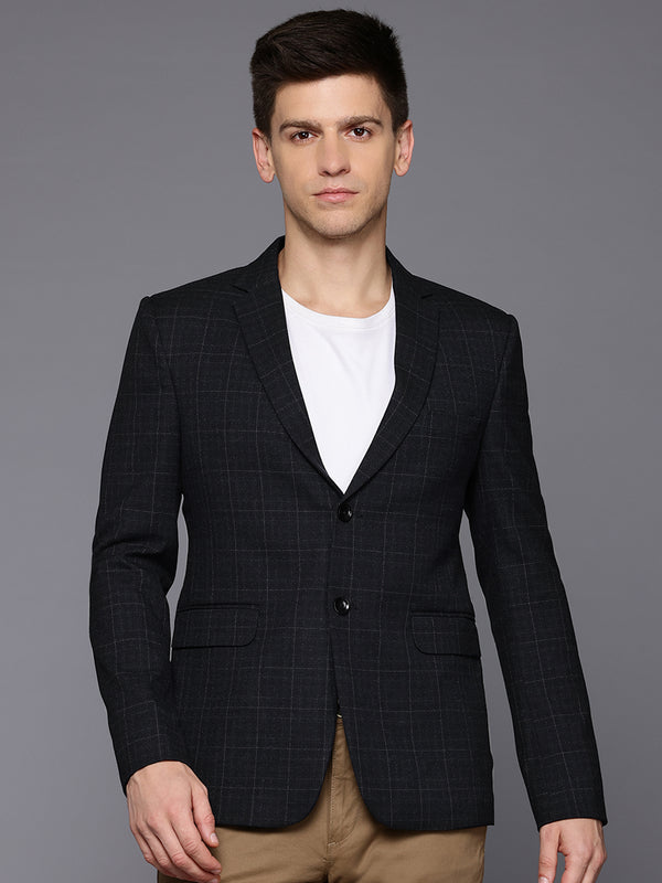 Men Space Grey Slim-Fit Checkered Blazer