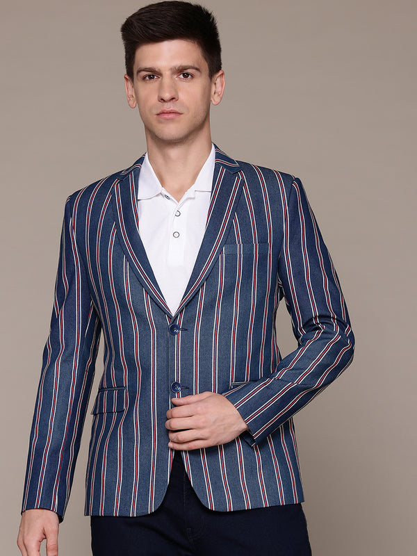 Men Blue Denim Blazer with Red and White Stripes