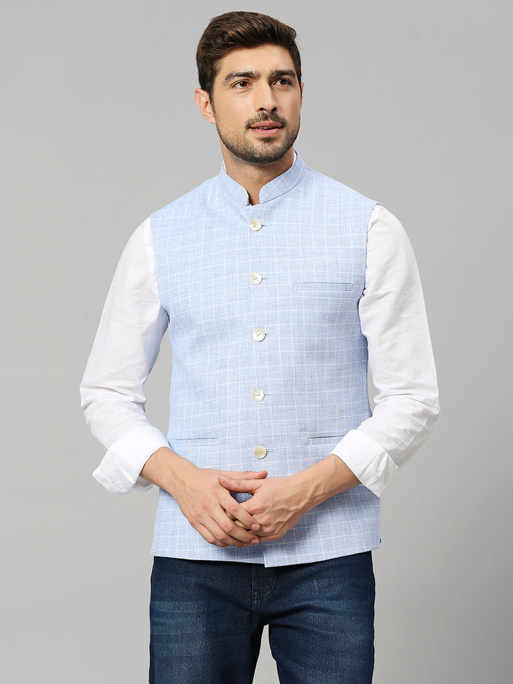 Linen Blend Chex Nehru Jacket