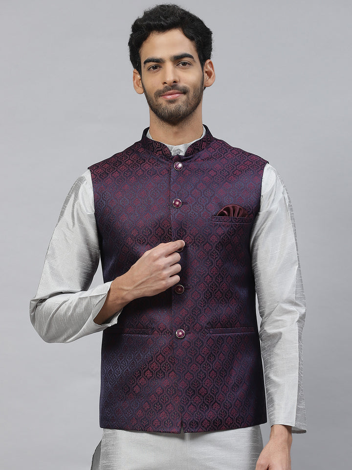 Jacquard Nehru Jacket with Rani Pink Motive Design