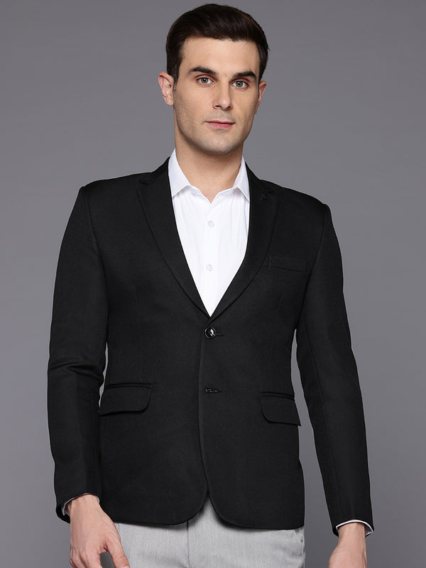 Men Black Self Design Single-Breasted Sim-Fit Blazer