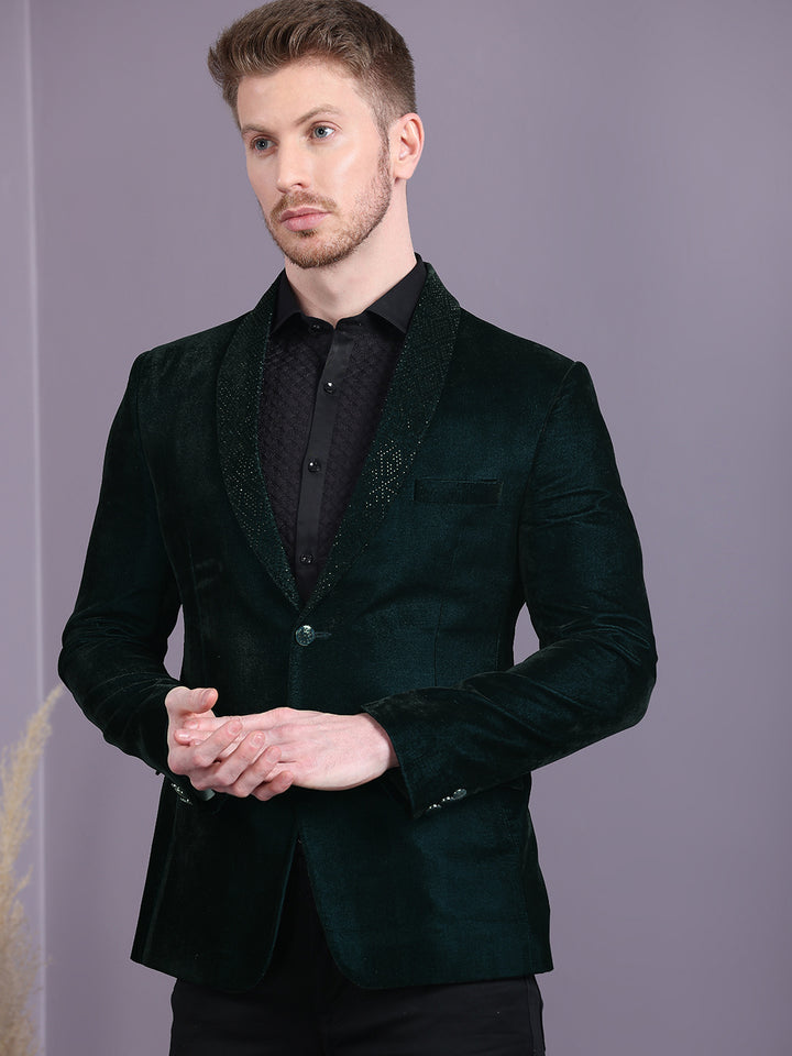 Dual Tone Velvet Blazer with Lapel Machine Embroidery