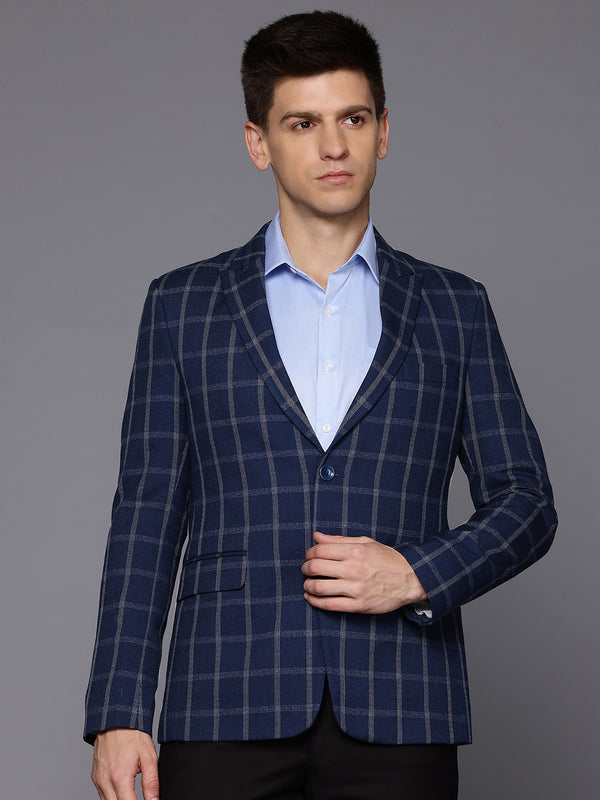 Men Blue Single-Breasted Slim-Fit Checkered Blazer