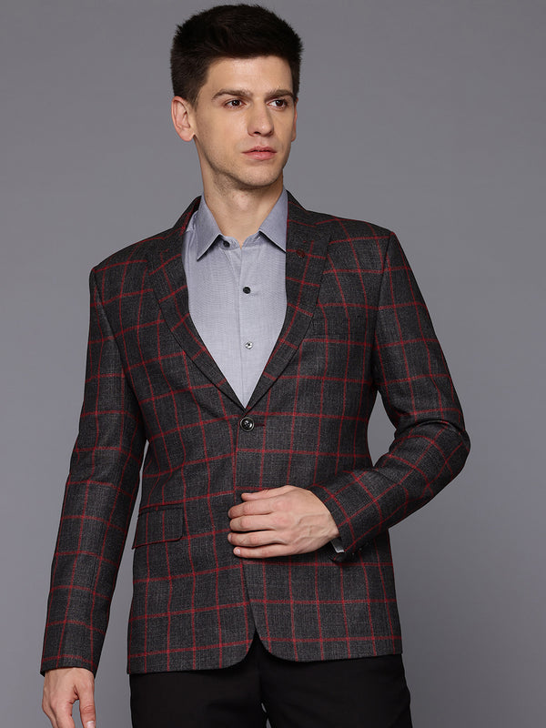 Men Black Slim-Fit Single-Breasted Checkered Blazer