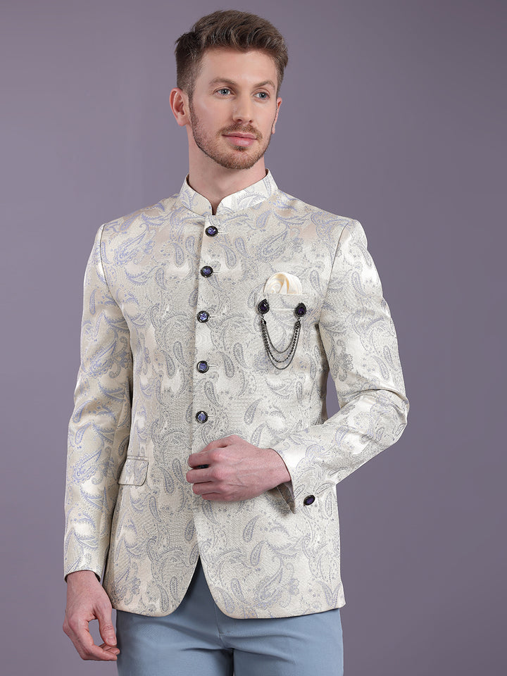 Cream Jodhpuri Suit with Pattern Jacquard