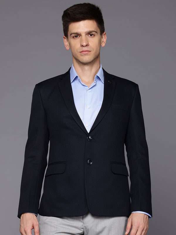 Men Navy Blue Self Design Single-Breasted Sim-Fit Blazer