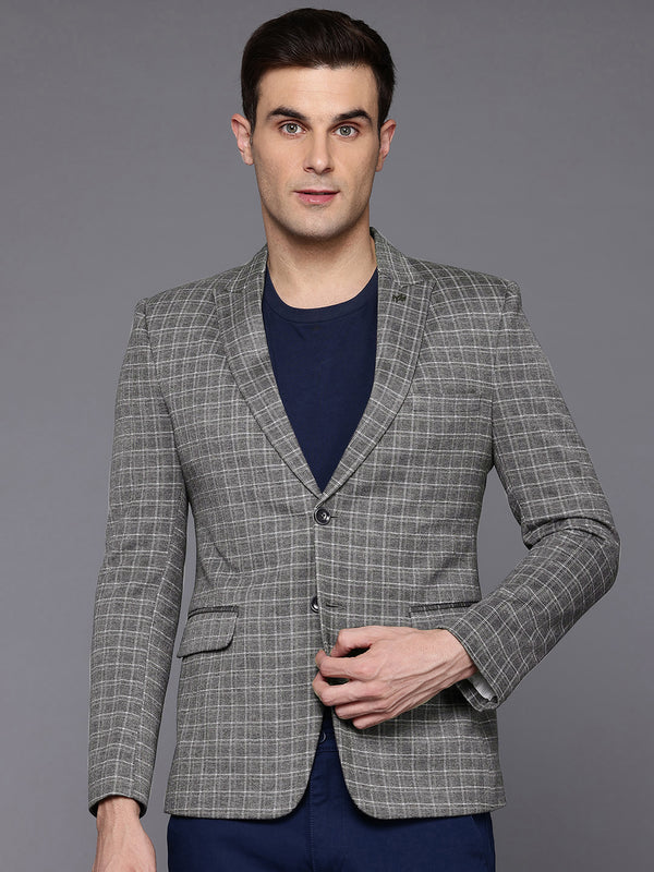 Men Grey Single-Breasted Slim-Fit Checkered Blazer