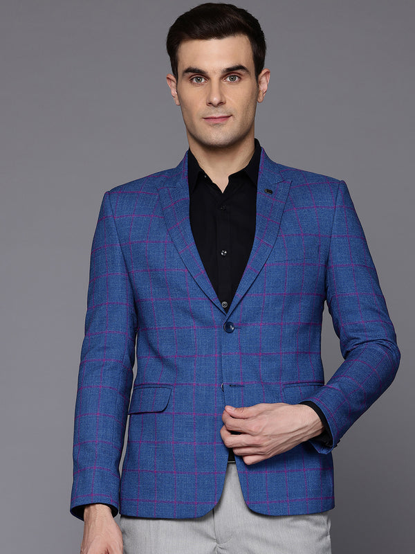 Men Blue Slim-Fit Single-Breasted Checkered Blazer