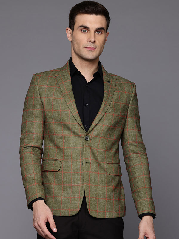 Men Green Slim-Fit Single-Breasted Checkered Blazer