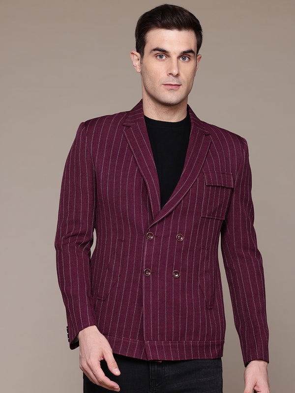 Men Maroon Double-Breasted Stripes Sim-Fit Blazer