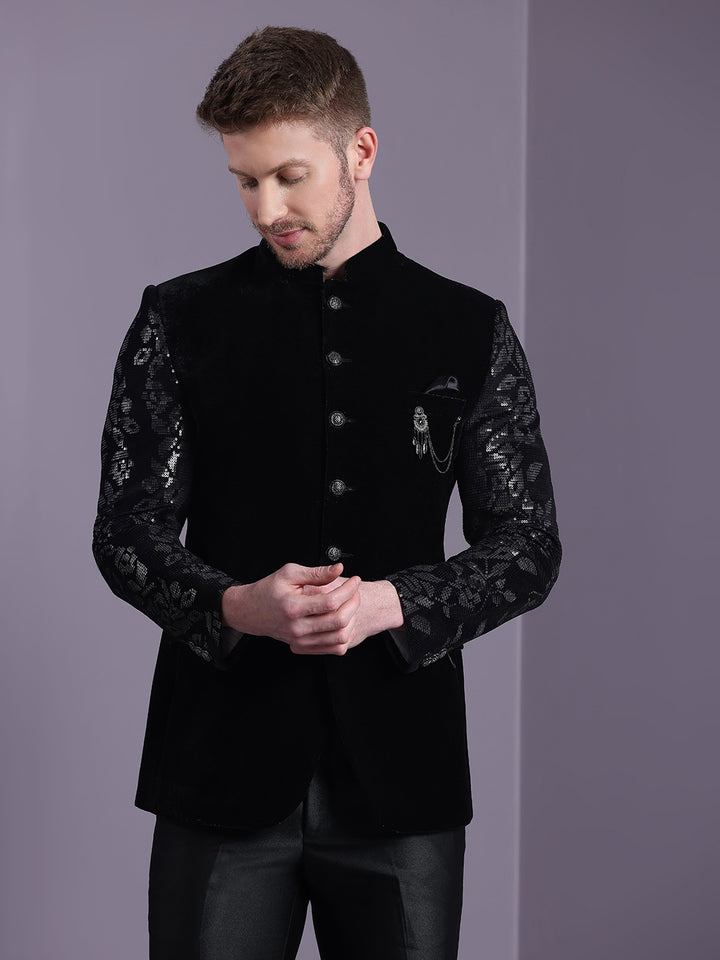 Velvet Jodhpuri Suit with floral Sequins Work on sleeves