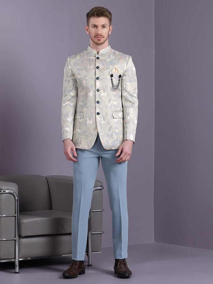 Cream Jodhpuri Suit with Pattern Jacquard