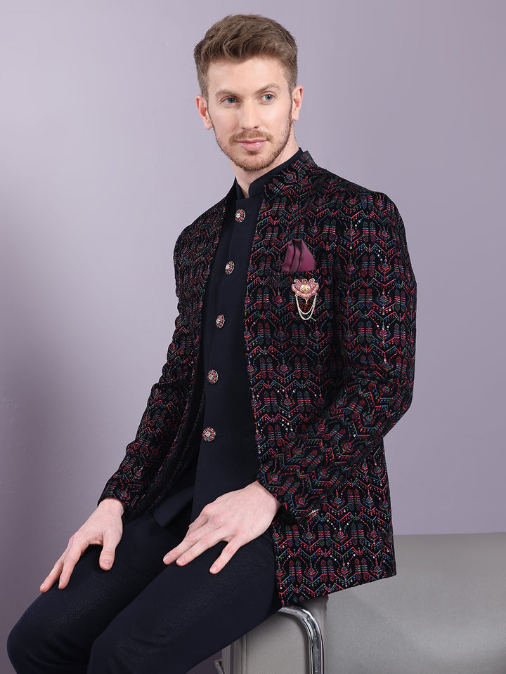 Velvet Open Pattern Jodhpuri Suit