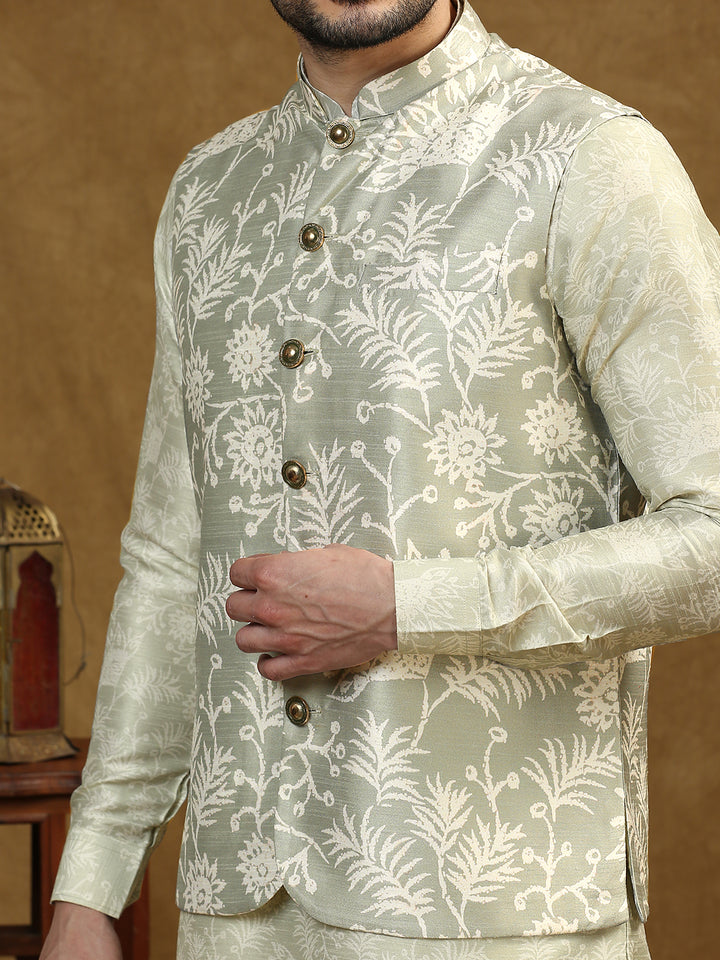 Floral Print Kurta Set with Nehru Jacket