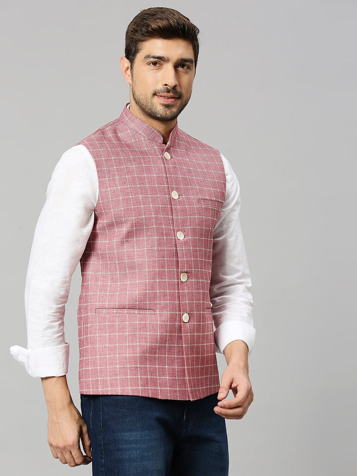 Linen Blend Chex Nehru Jacket