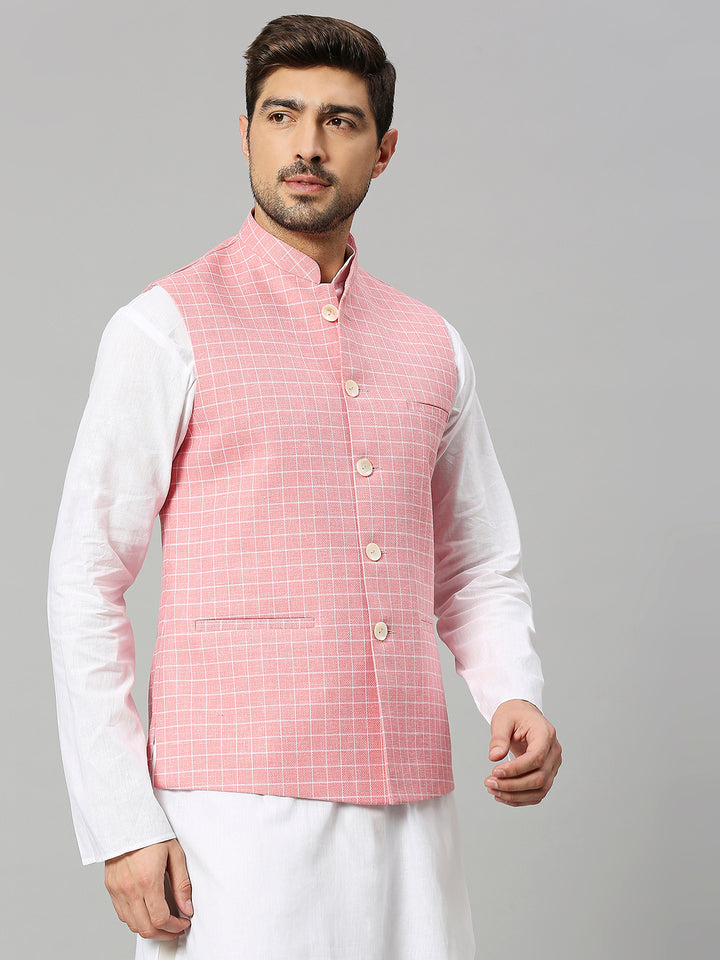 Linen Blend Chex Nehru Jacket