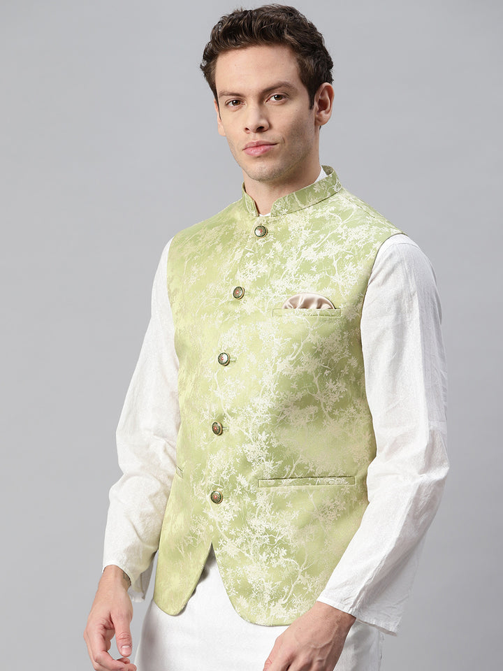 Jacquard Nehru Jacket crafted with golden floral thread work