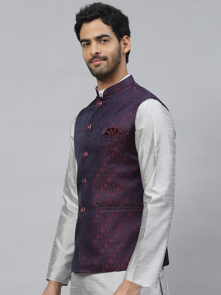 Jacquard Nehru Jacket with Rani Pink Motive Design