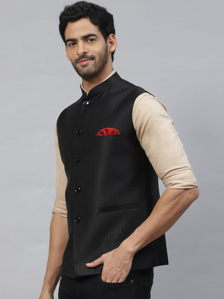 Nehru Jacket with self Engineering Chex and Stripes