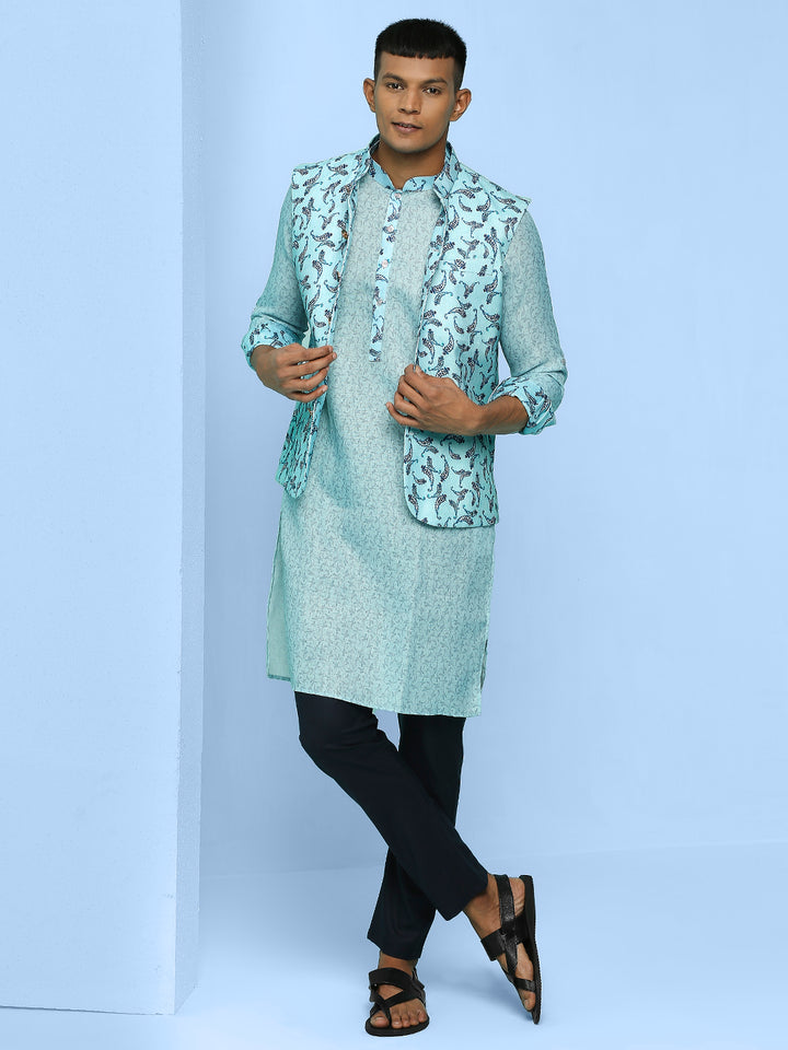 Yoke Design Turn Up Sleeve Kurta Set with Nehru Jacket