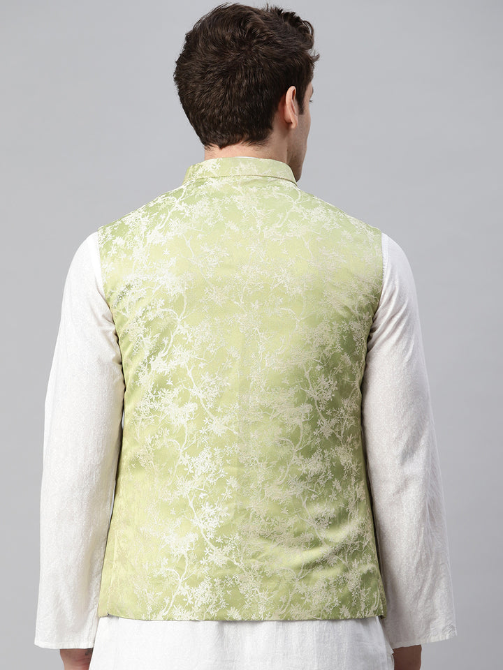 Jacquard Nehru Jacket crafted with golden floral thread work