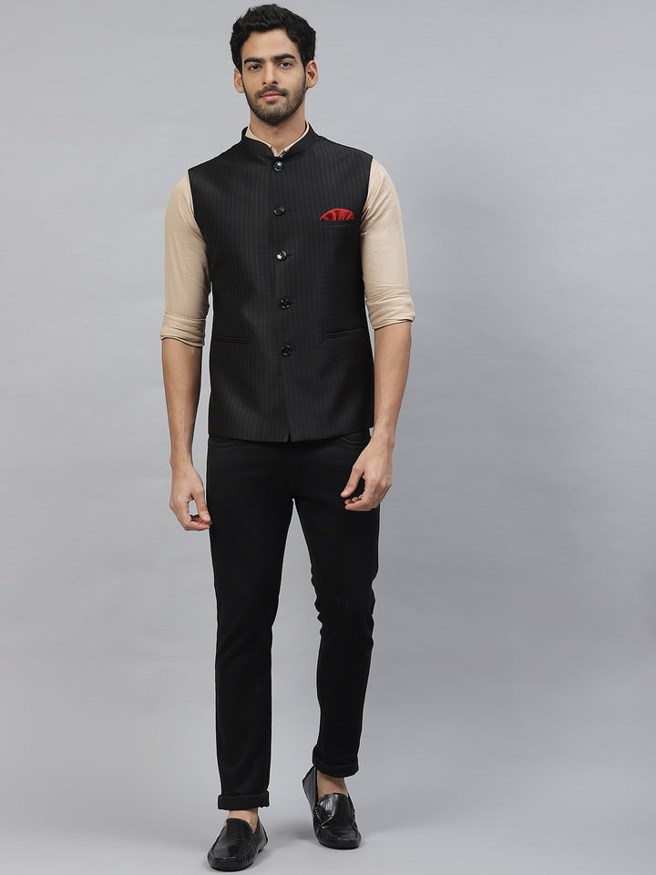 Nehru Jacket with self Engineering Chex and Stripes