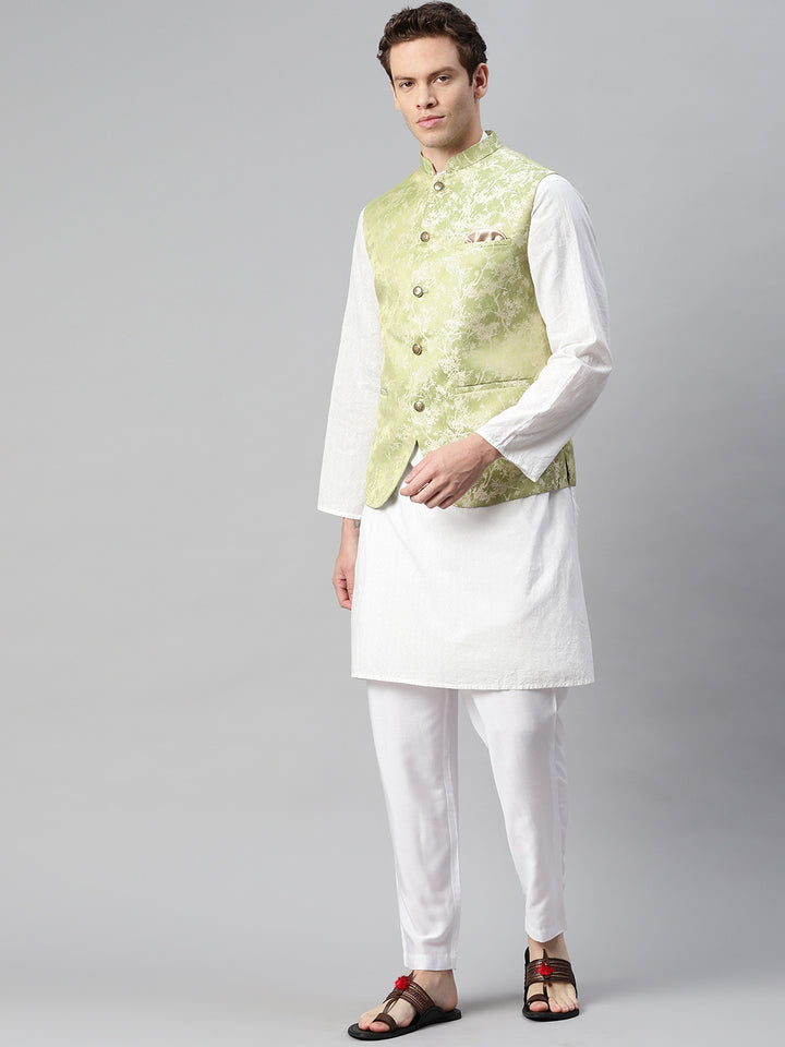 Jacquard Nehru Jacket crafted with golden floral thread work