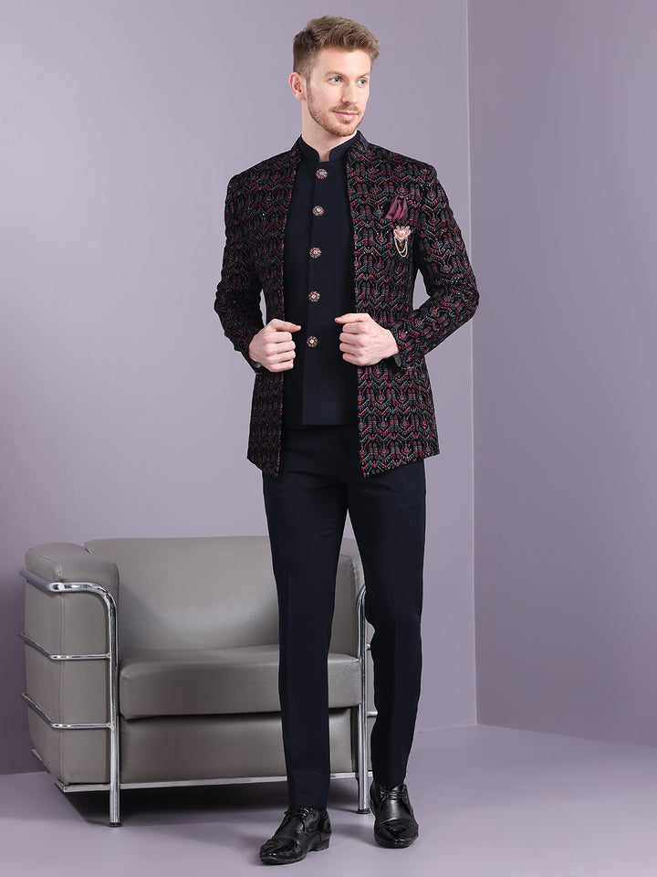 Velvet Open Pattern Jodhpuri Suit