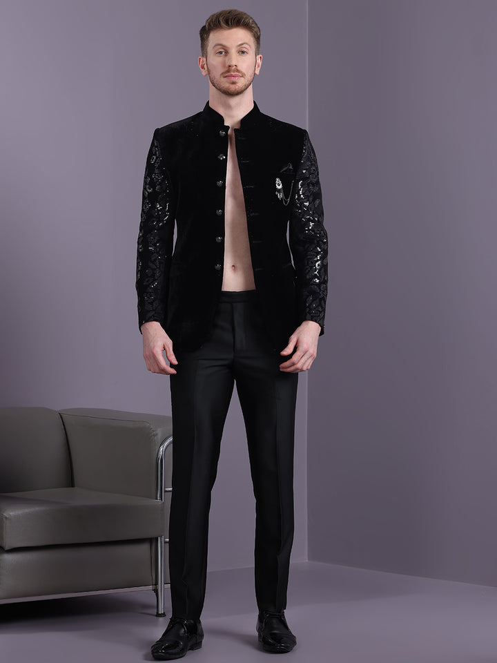 Velvet Jodhpuri Suit with floral Sequins Work on sleeves