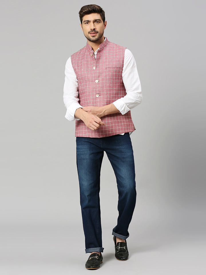 Linen Blend Chex Nehru Jacket