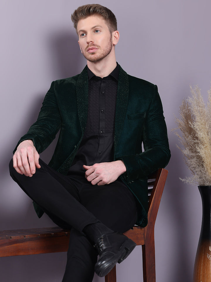 Dual Tone Velvet Blazer with Lapel Machine Embroidery