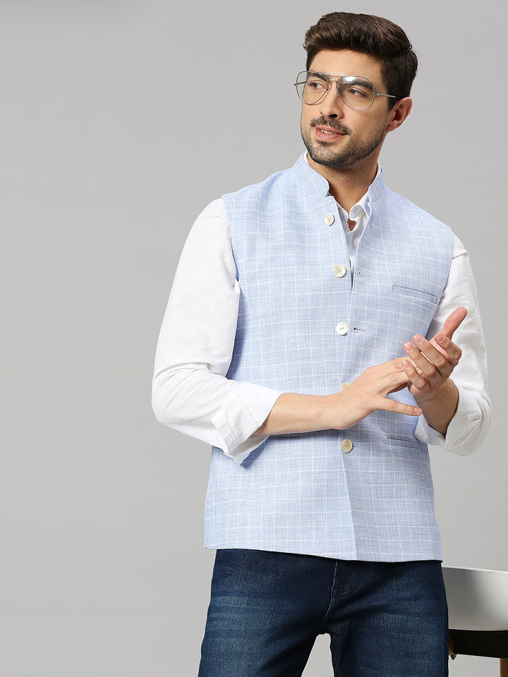 Linen Blend Chex Nehru Jacket