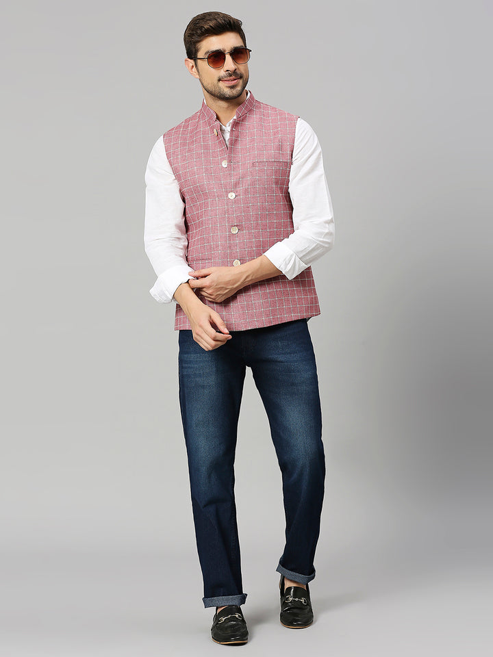 Linen Blend Chex Nehru Jacket