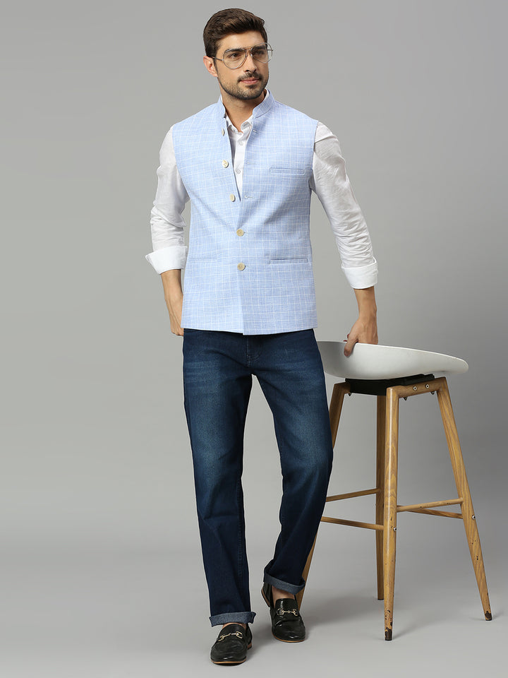 Linen Blend Chex Nehru Jacket