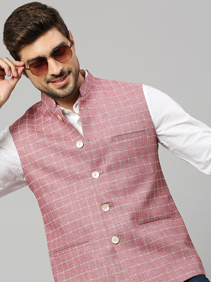 Linen Blend Chex Nehru Jacket