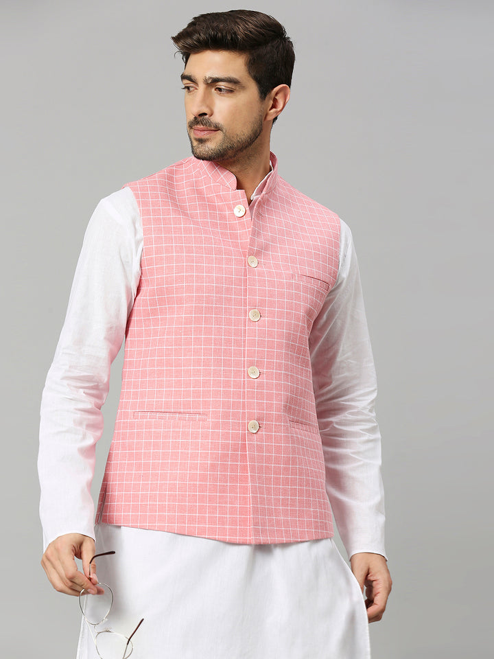 Linen Blend Chex Nehru Jacket