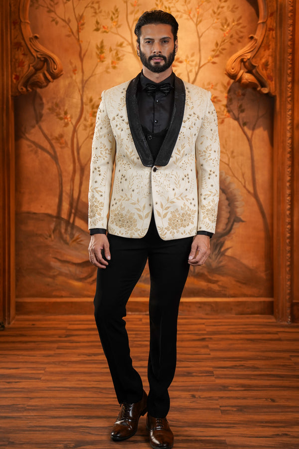 Cream Suede Suit With Floral Engraving And Hand Embroidery Highlights