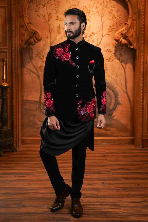 Black Velvet Jodhpuri Suit with Red Floral Threadwork and Cutdana Embriodery