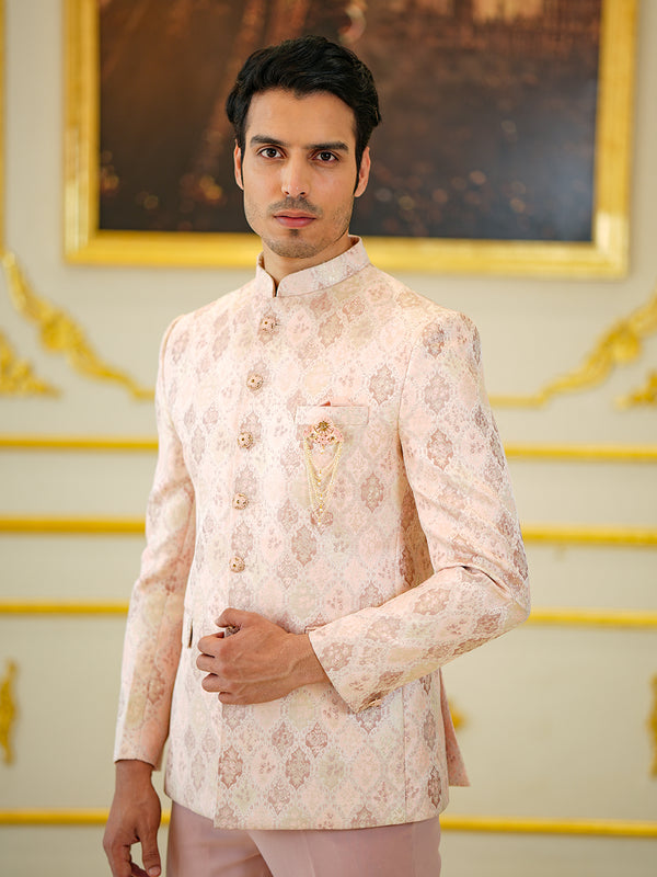 Baby Pink Jacquard Jodhpuri Suit with Ethnic Motif Print