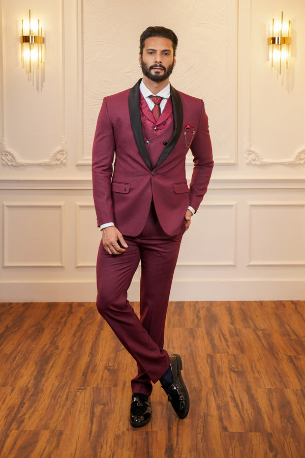 Red Tuxedo with Black Detachable Lapel and Dual Waistcoats