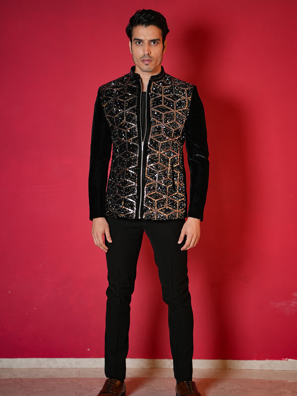 Velvet Bomber Jacket with Golden Geometic Sequins Embroidery