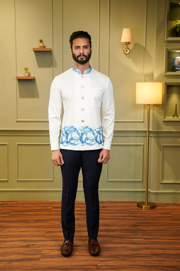 Cream Jodhpuri Shirt with Blue Oceanic Prints