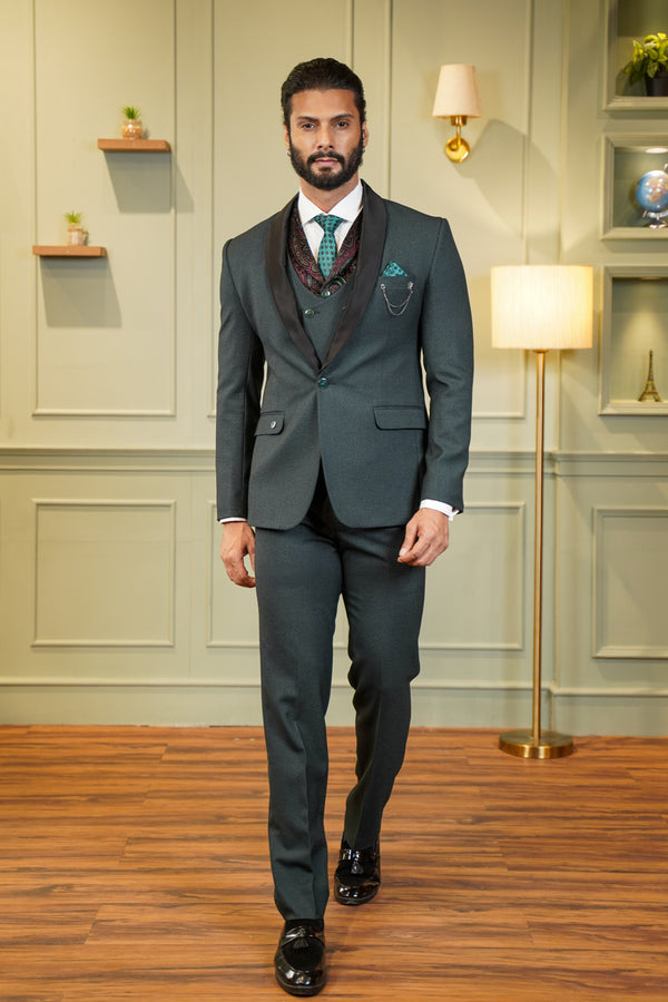 Green Tuxedo with Black Detachable Lapel and Dual Waistcoats