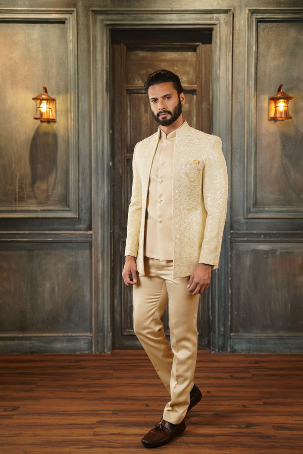 Cream Open Pattern Jodhpuri Suit