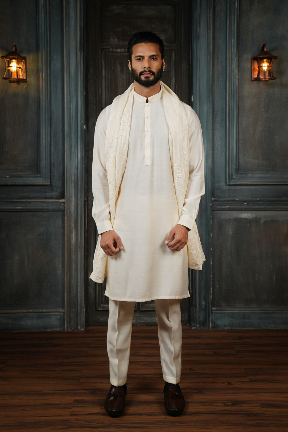 Cream Kurta with Dori Work Jacket and Dupatta